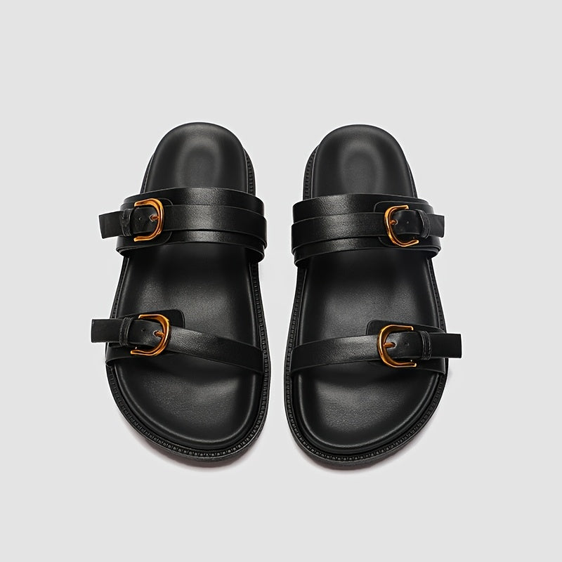 Women's Black Flat Sandals with Buckle Closure, Round Toe, Thick Sole