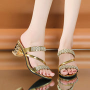 Women's Rhinestone Sandals with Block Heel and Glitter Slides for Summer