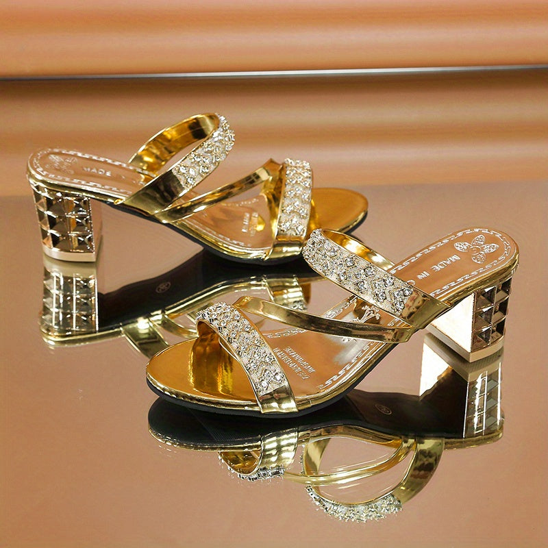 Women's Rhinestone Sandals with Block Heel and Glitter Slides for Summer