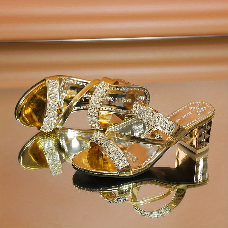 Women's Rhinestone Sandals with Block Heel and Glitter Slides for Summer