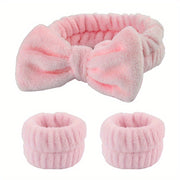 Women's Plush Headband and Wristband Set for Spa, Makeup, and Hair