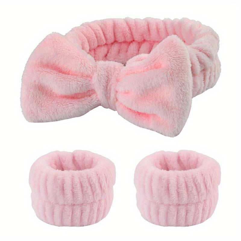 Women's Plush Headband and Wristband Set for Spa, Makeup, and Hair