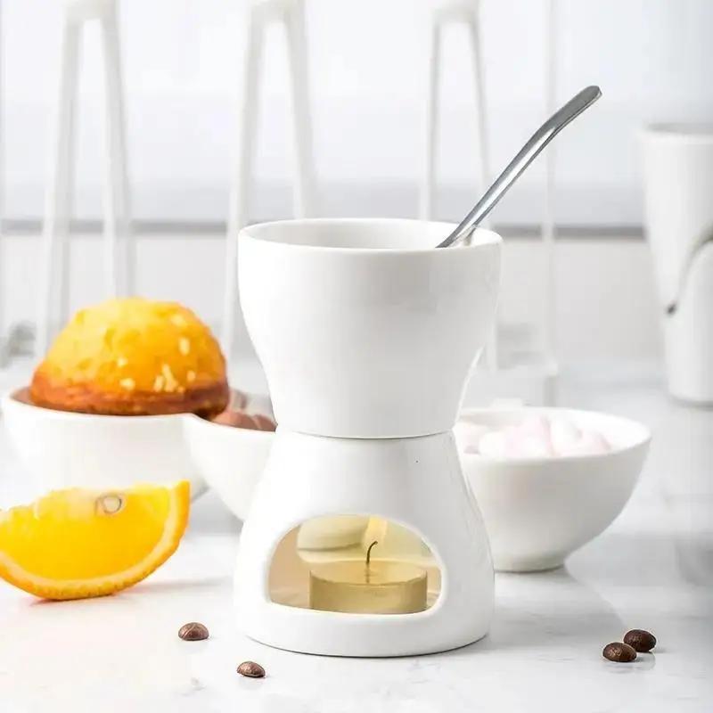 Small Ceramic Fondue Set for Chocolate and Cheese with Candle Holder