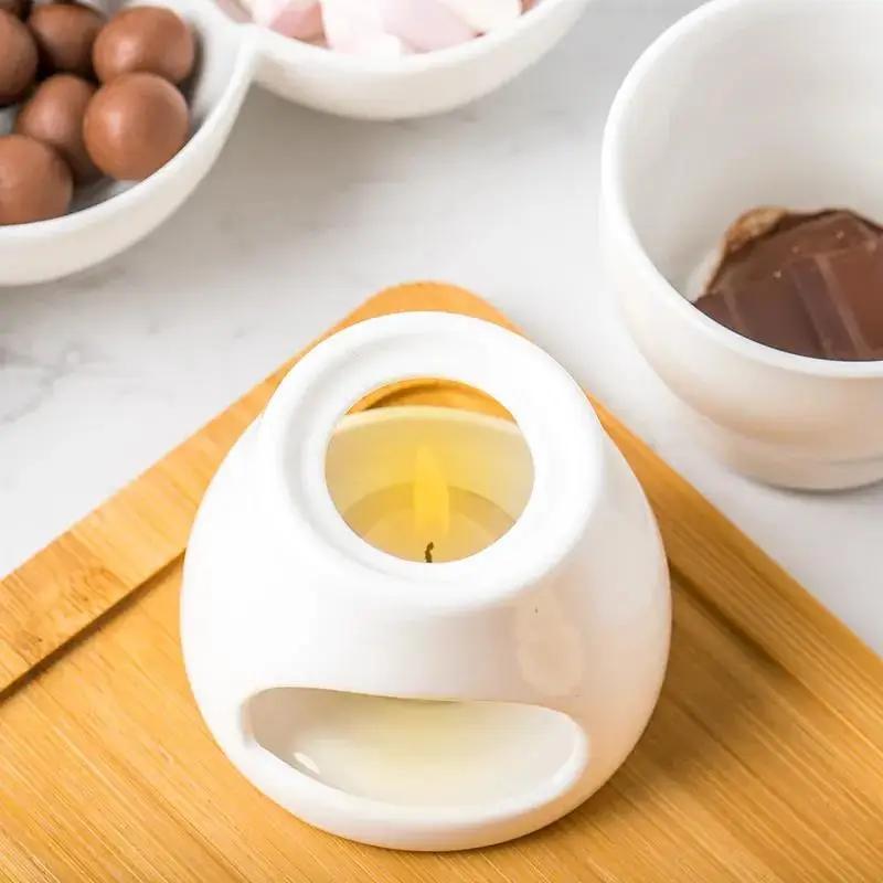 Small Ceramic Fondue Set for Chocolate and Cheese with Candle Holder