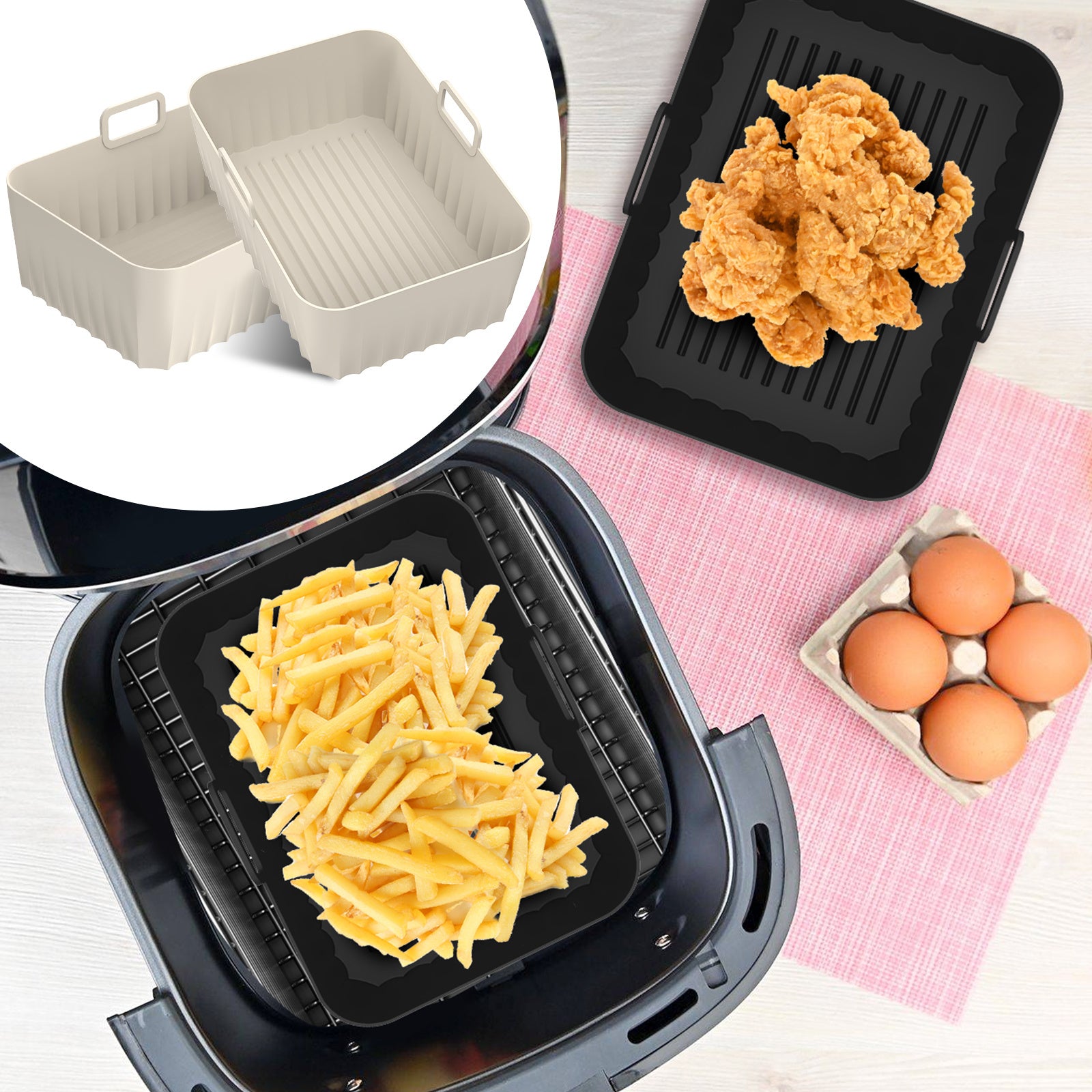 2pcs Silicone Air Fryer Liners with Handles Reusable Non-Stick Dishwasher Safe