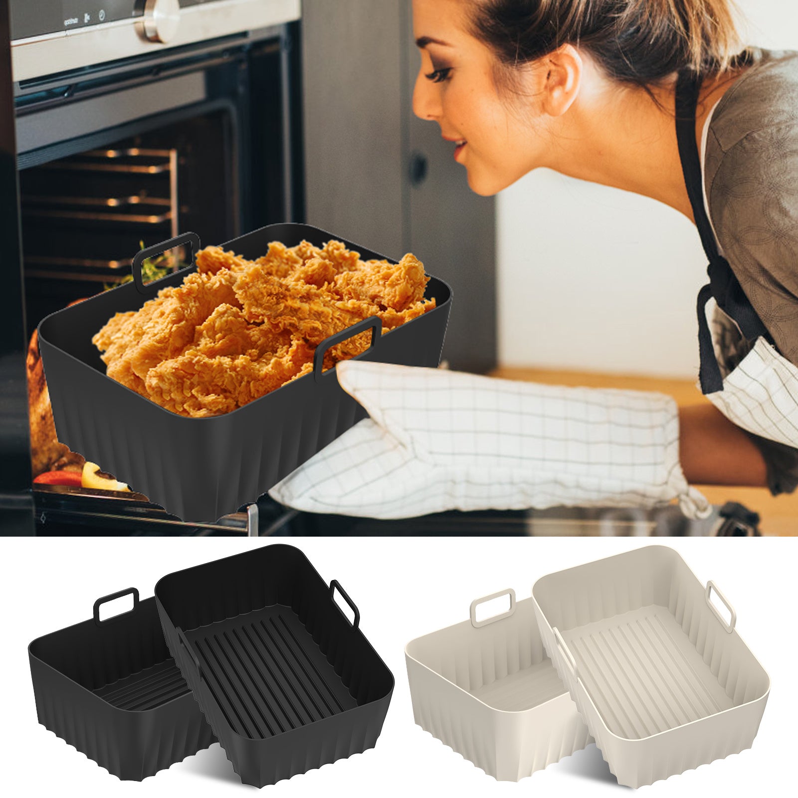 2pcs Silicone Air Fryer Liners with Handles Reusable Non-Stick Dishwasher Safe