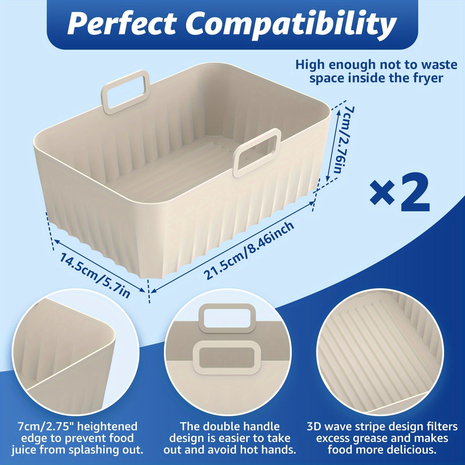 2pcs Silicone Air Fryer Liners with Handles Reusable Non-Stick Dishwasher Safe