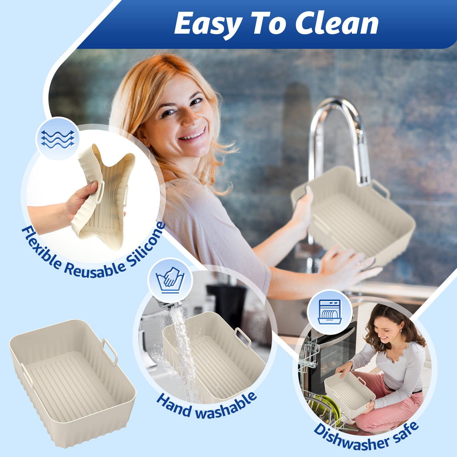 2pcs Silicone Air Fryer Liners with Handles Reusable Non-Stick Dishwasher Safe