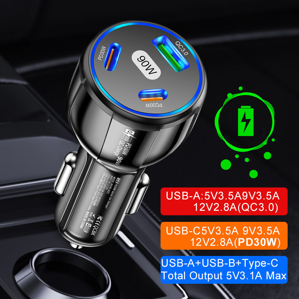 90W Car Charger with USB Type C PD and Quick Charge 3.0 Fast Charging