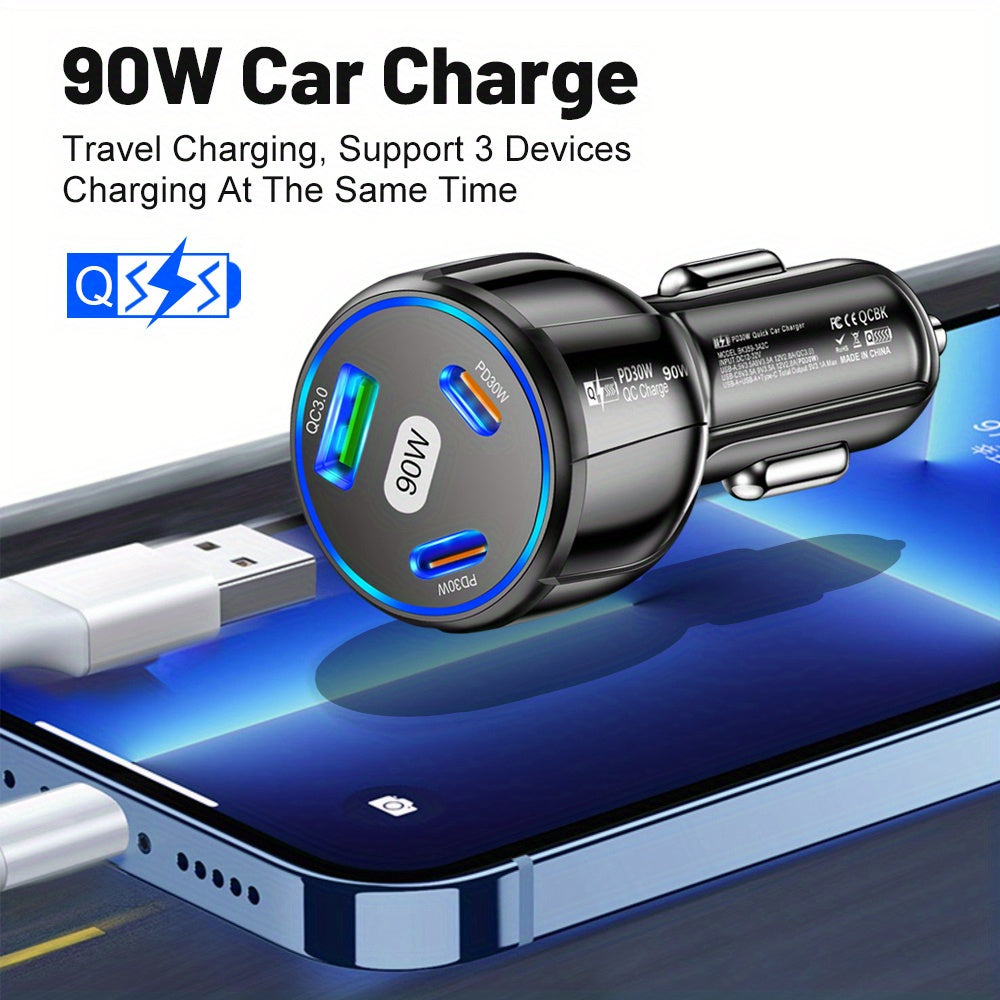 90W Car Charger with USB Type C PD and Quick Charge 3.0 Fast Charging