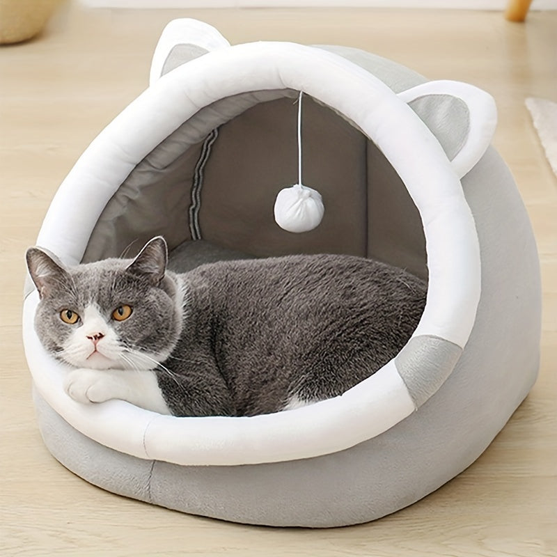 Cute Cartoon Cat Cave Bed for Small Cats and Kittens Soft Plush Cozy Pet House