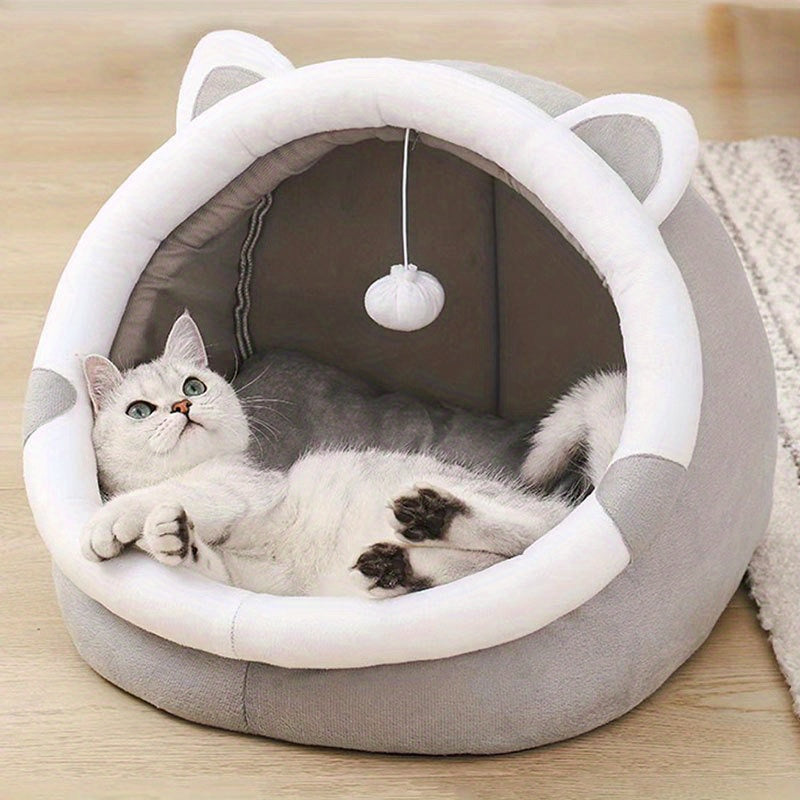 Cute Cartoon Cat Cave Bed for Small Cats and Kittens Soft Plush Cozy Pet House