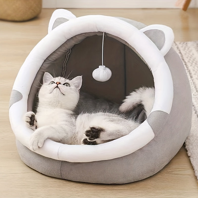 Cute Cartoon Cat Cave Bed for Small Cats and Kittens Soft Plush Cozy Pet House
