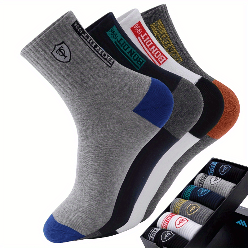 Men's Cotton Sports Socks 6 Pairs Sweat-Wicking Embroidered Knit Mixed Colors Machine Washable