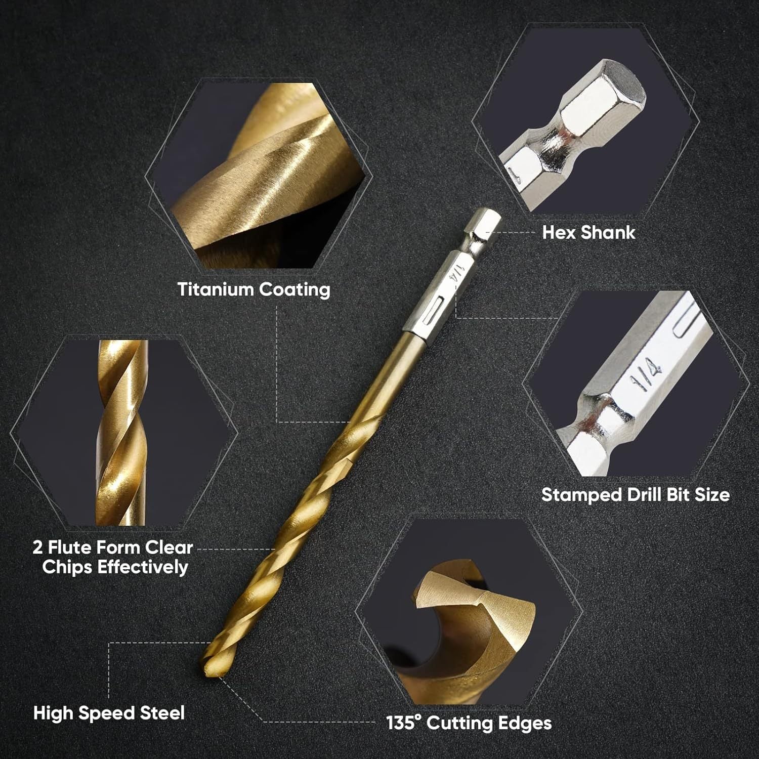 50-Piece Titanium Coated High-Speed Steel Drill Bit Set with Hex Shank for Metal Wood Plastic