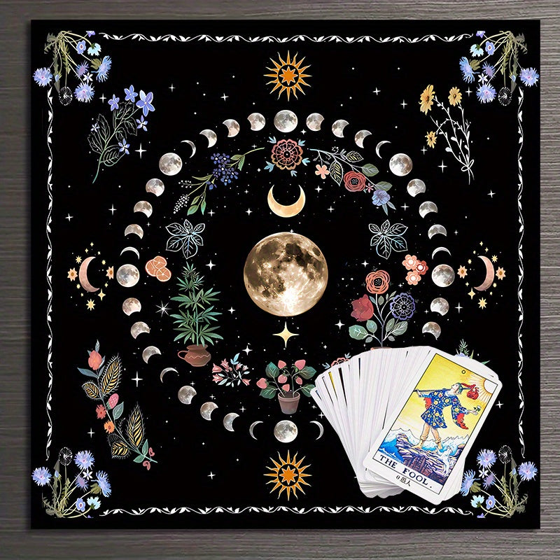 Moon & Flower Tarot Tablecloth for Witchy Home Decor Polyester Altar Cloth