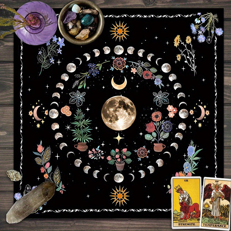 Moon & Flower Tarot Tablecloth for Witchy Home Decor Polyester Altar Cloth