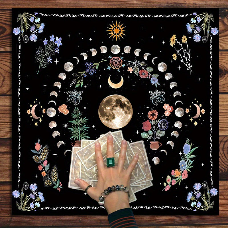 Moon & Flower Tarot Tablecloth for Witchy Home Decor Polyester Altar Cloth