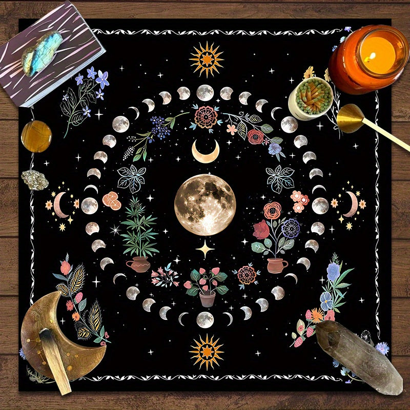 Moon & Flower Tarot Tablecloth for Witchy Home Decor Polyester Altar Cloth