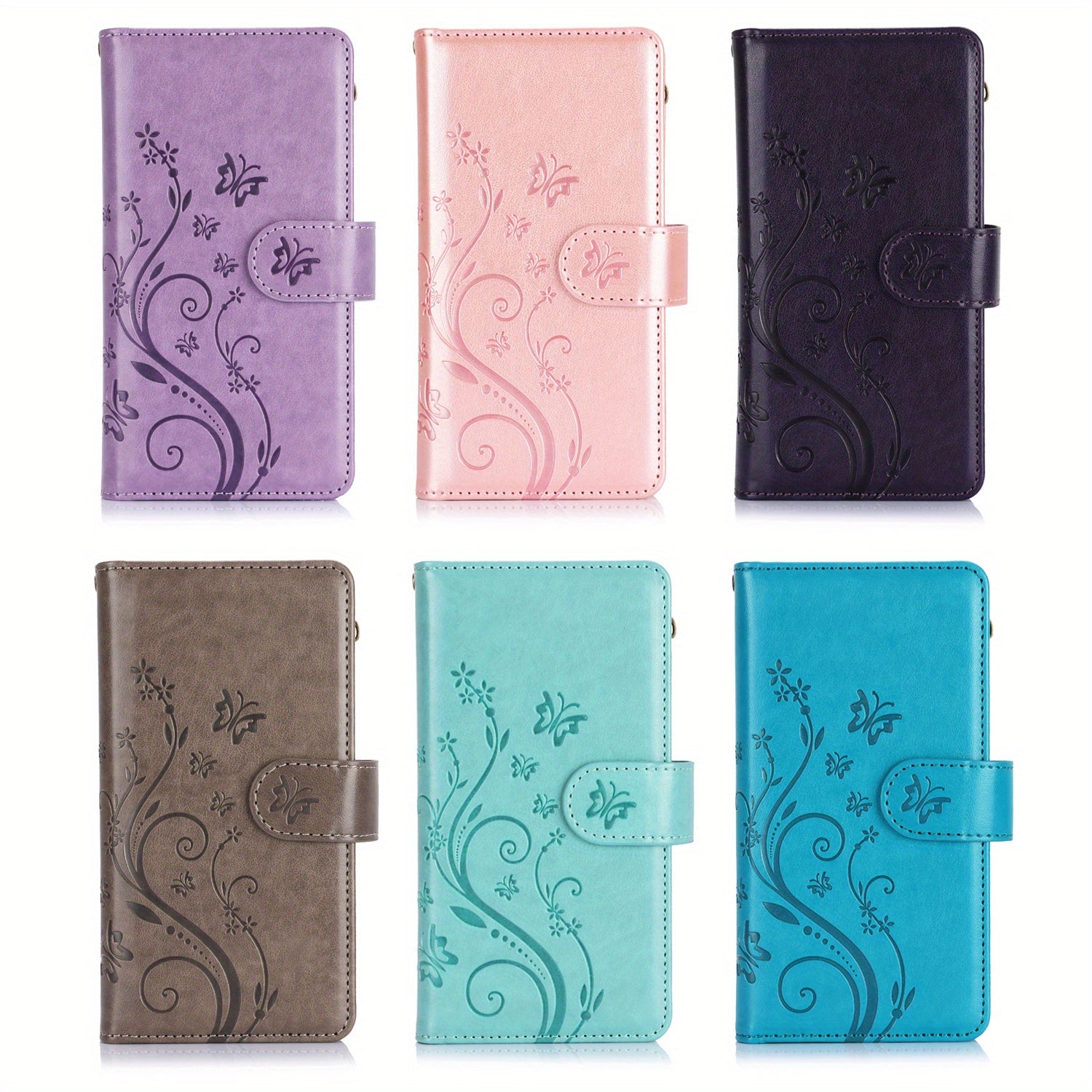 Faux Leather Butterfly Flower Phone Wallet Case for Samsung Galaxy A Series with Card Slots Stand and Lanyard