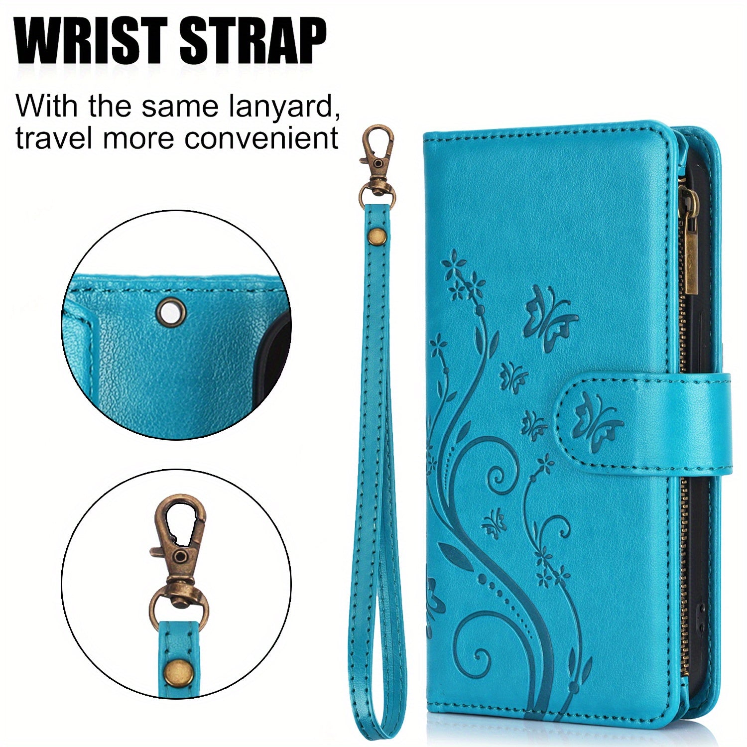 Faux Leather Butterfly Flower Phone Wallet Case for Samsung Galaxy A Series with Card Slots Stand and Lanyard