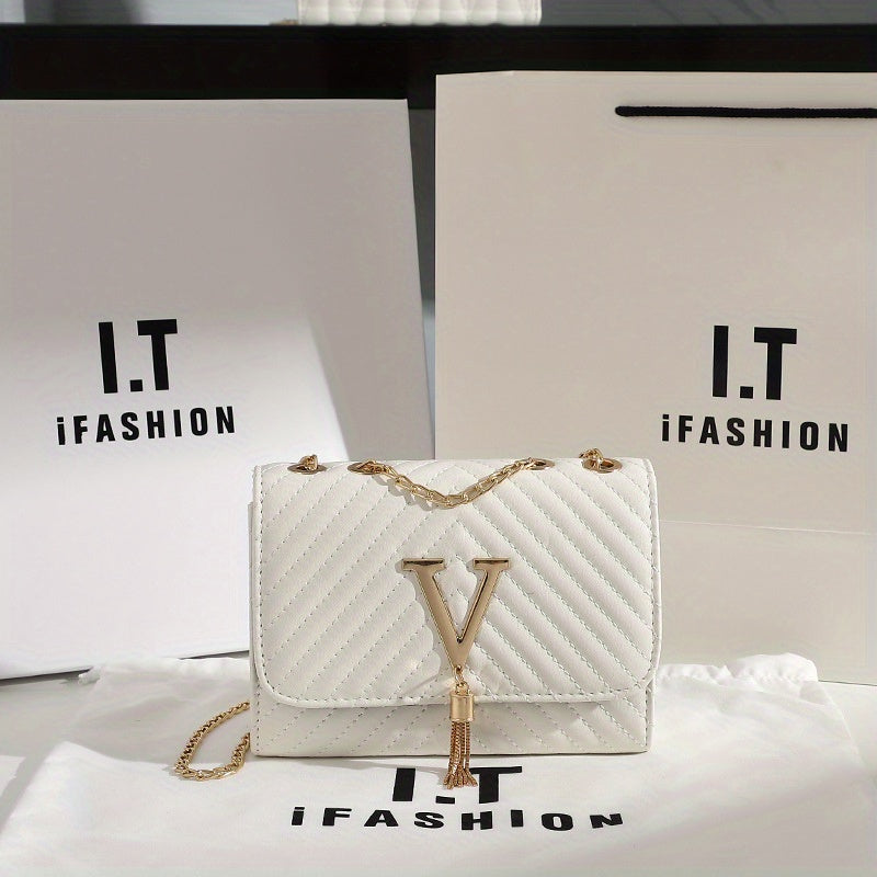 Mini Quilted Shoulder Bag for Women with Tassel and Chain Detail in White Black Pink
