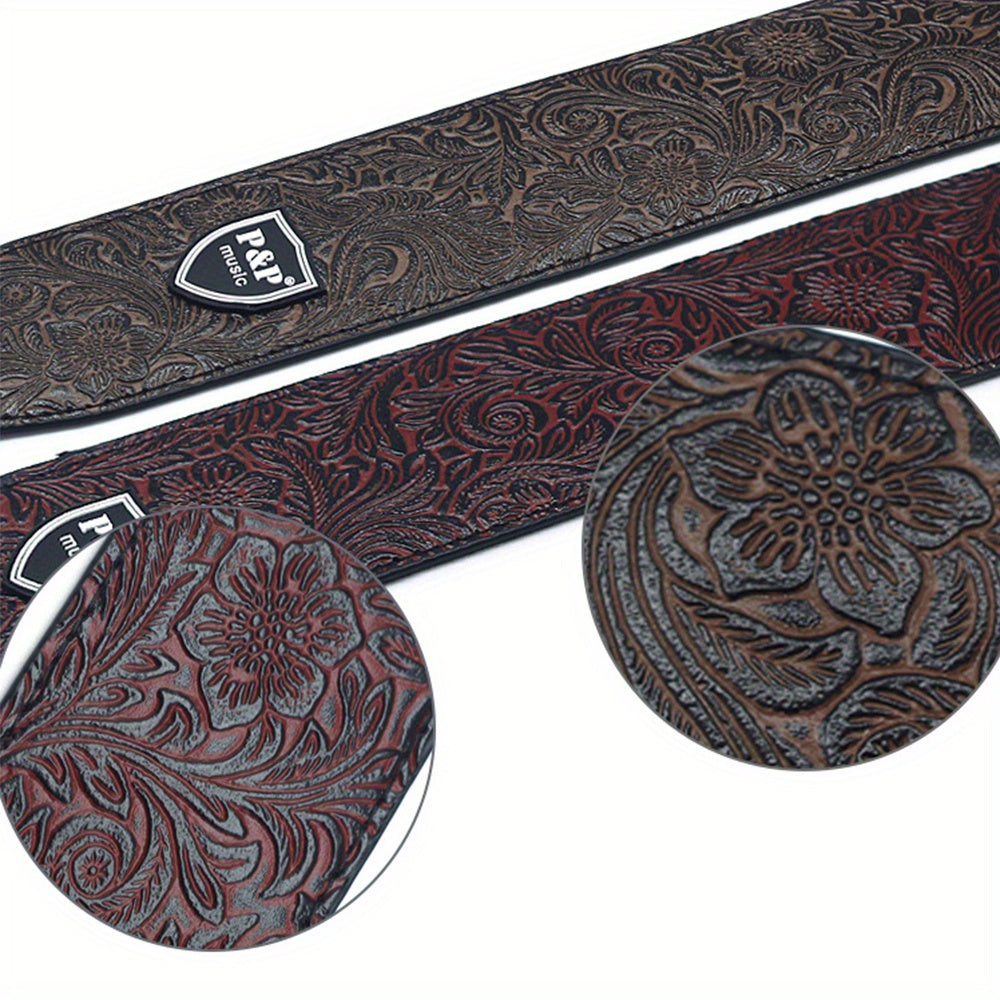 6.35cm Faux Leather Guitar Strap Adjustable Embroidered Belt for Acoustic Electric Bass