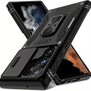 Protective Phone Case with Slide Camera Cover and Rotating Kickstand for Samsung Models