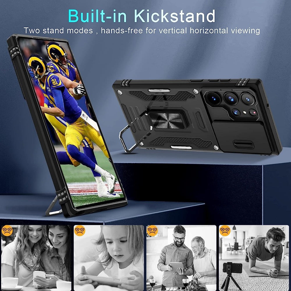 Protective Phone Case with Slide Camera Cover and Rotating Kickstand for Samsung Models