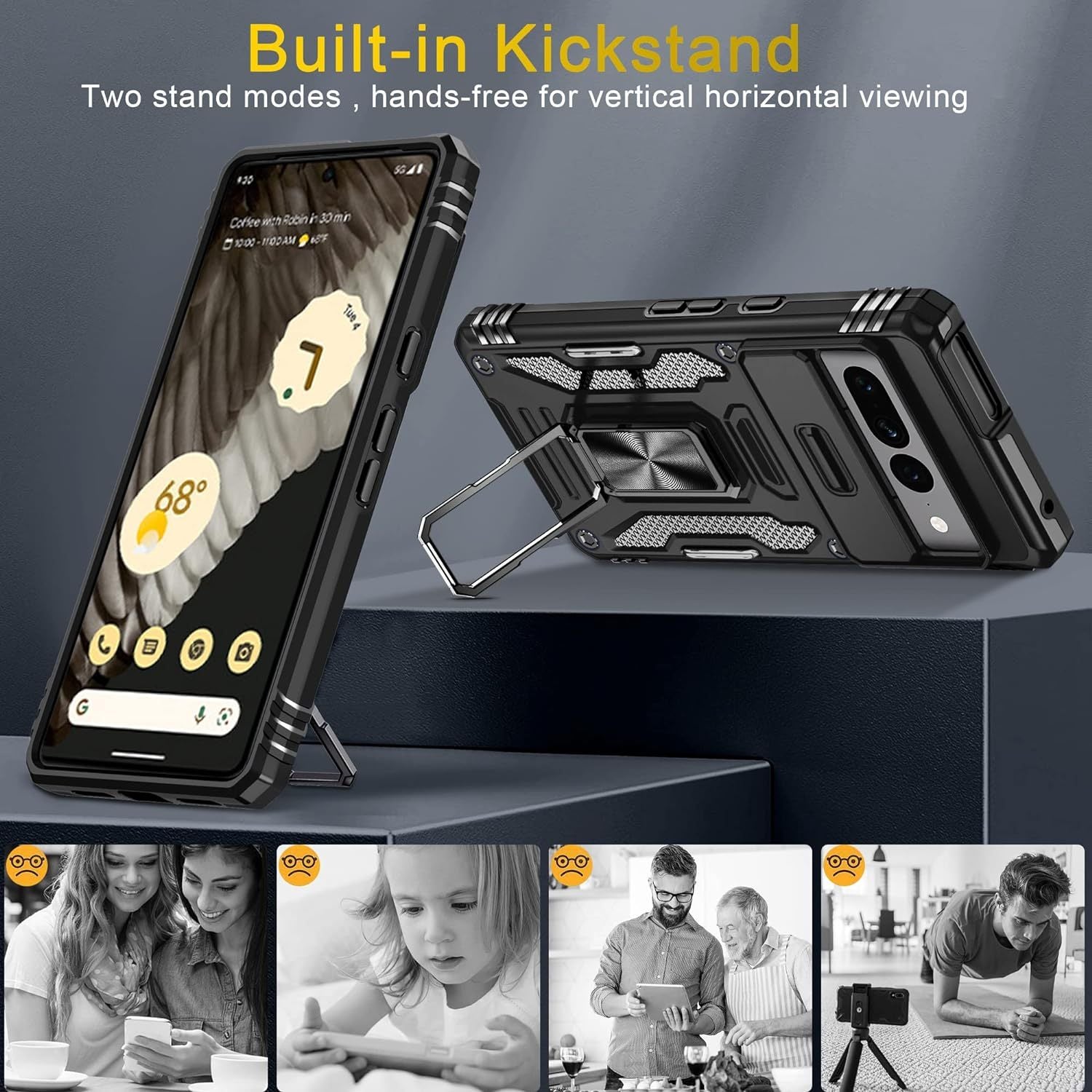 Black Shockproof Phone Case for Google Pixel 7 8 Pro 7A 7 with Slide Camera Cover and Magnetic Kickstand