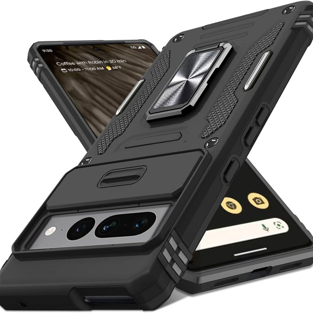 Black Shockproof Phone Case for Google Pixel 7 8 Pro 7A 7 with Slide Camera Cover and Magnetic Kickstand