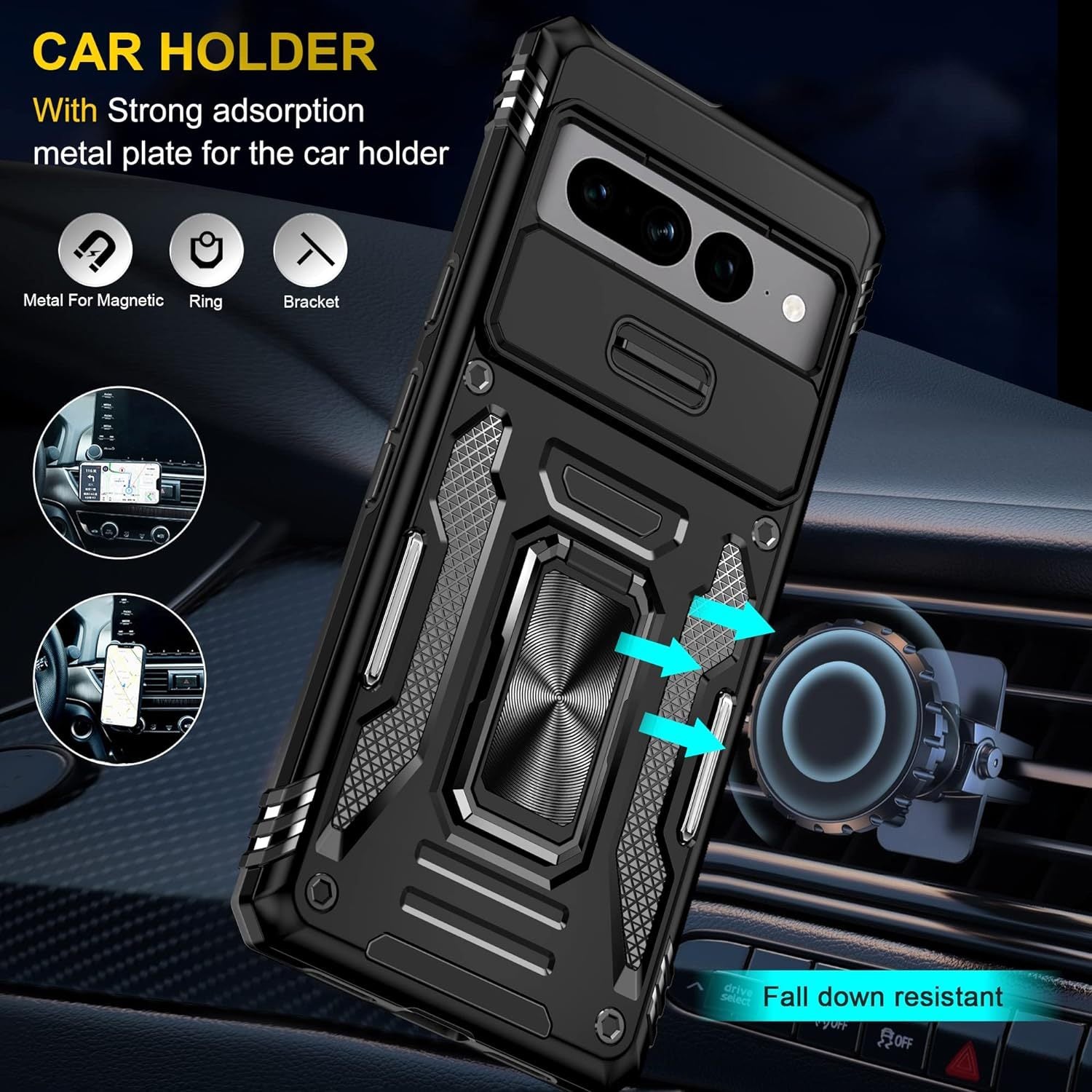 Black Shockproof Phone Case for Google Pixel 7 8 Pro 7A 7 with Slide Camera Cover and Magnetic Kickstand