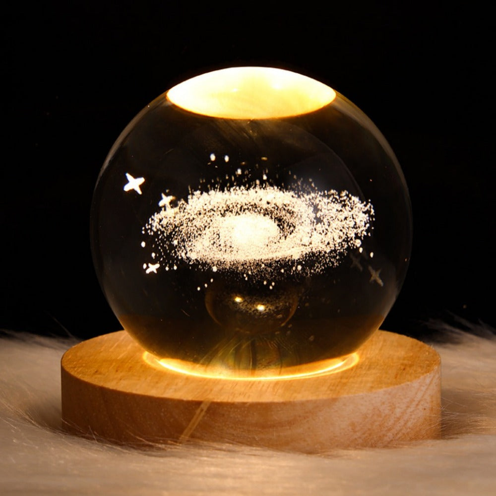 3D Crystal Ball Night Light with Planet Design USB Wooden Base for Bedroom Office Decor