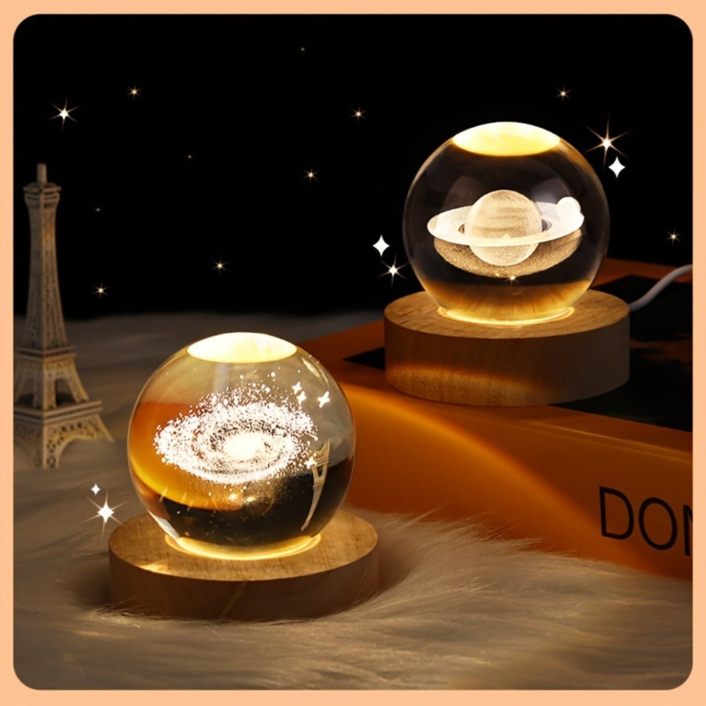 3D Crystal Ball Night Light with Planet Design USB Wooden Base for Bedroom Office Decor