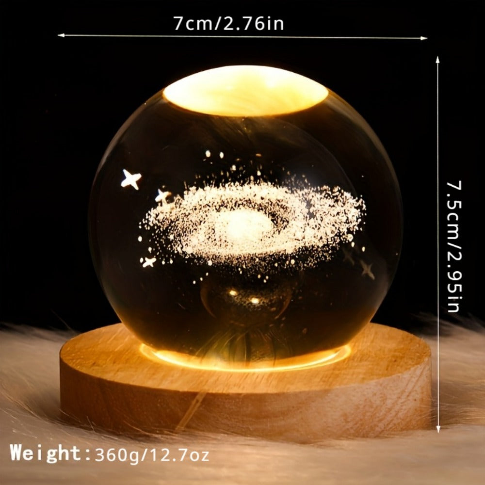 3D Crystal Ball Night Light with Planet Design USB Wooden Base for Bedroom Office Decor