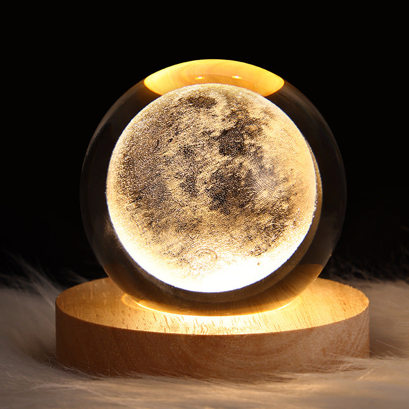 3D Crystal Ball Night Light with Planet Design USB Wooden Base for Bedroom Office Decor