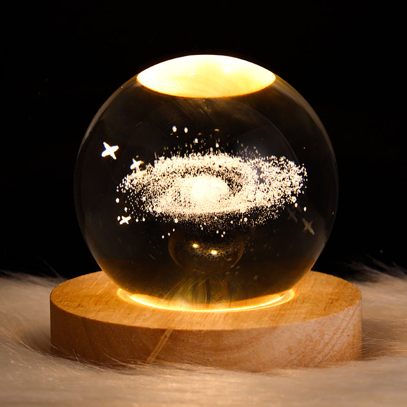 3D Crystal Ball Night Light with Planet Design USB Wooden Base for Bedroom Office Decor