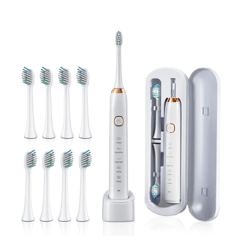 Перезаряжаемая электрическая зубная щетка для взрослых с 5 режимами и 8 сменными насадками.