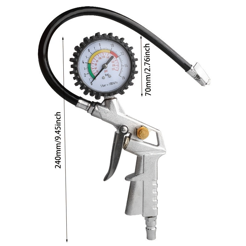 Universal Tire Pressure Gauge With Inflating Gun Rubber Hose Car Repair Tool