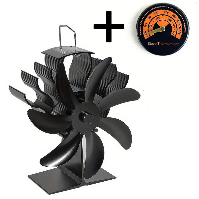 Aluminum Fireplace Stove Fan 7-Blade Heat Circulator Thermometer Rust-Proof