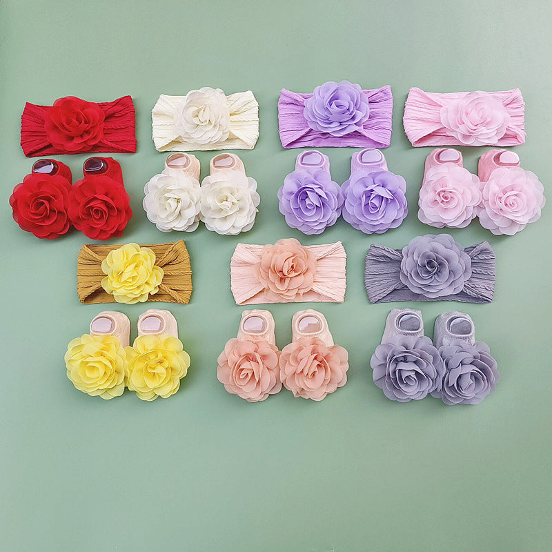 Baby Girl Sock Shoes and Headwear Set Cotton Flower Decor Casual Princess Accessories