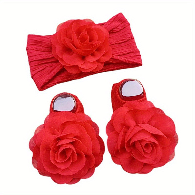 Baby Girl Sock Shoes and Headwear Set Cotton Flower Decor Casual Princess Accessories