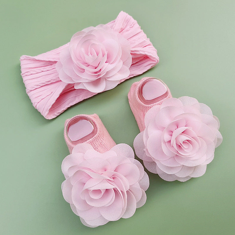 Baby Girl Sock Shoes and Headwear Set Cotton Flower Decor Casual Princess Accessories