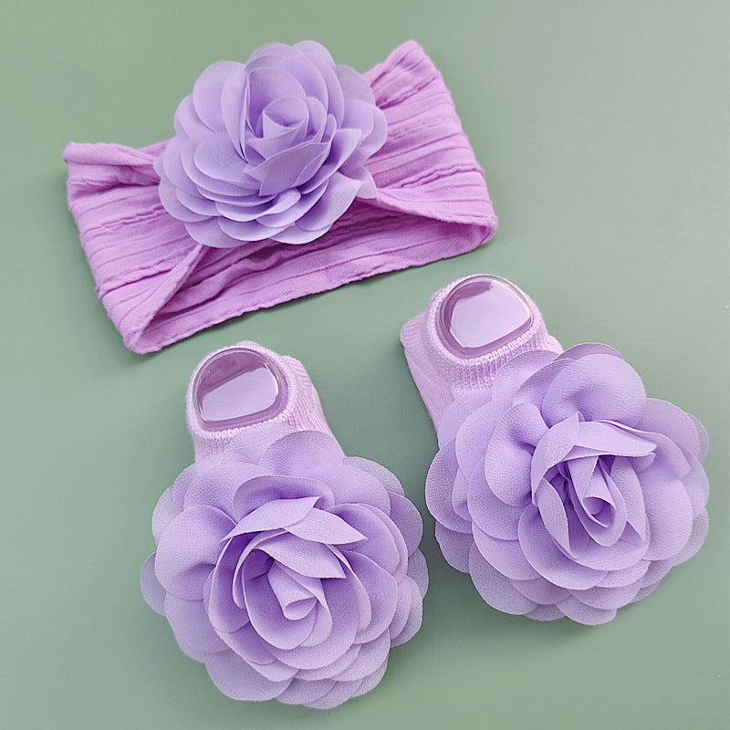 Baby Girl Sock Shoes and Headwear Set Cotton Flower Decor Casual Princess Accessories