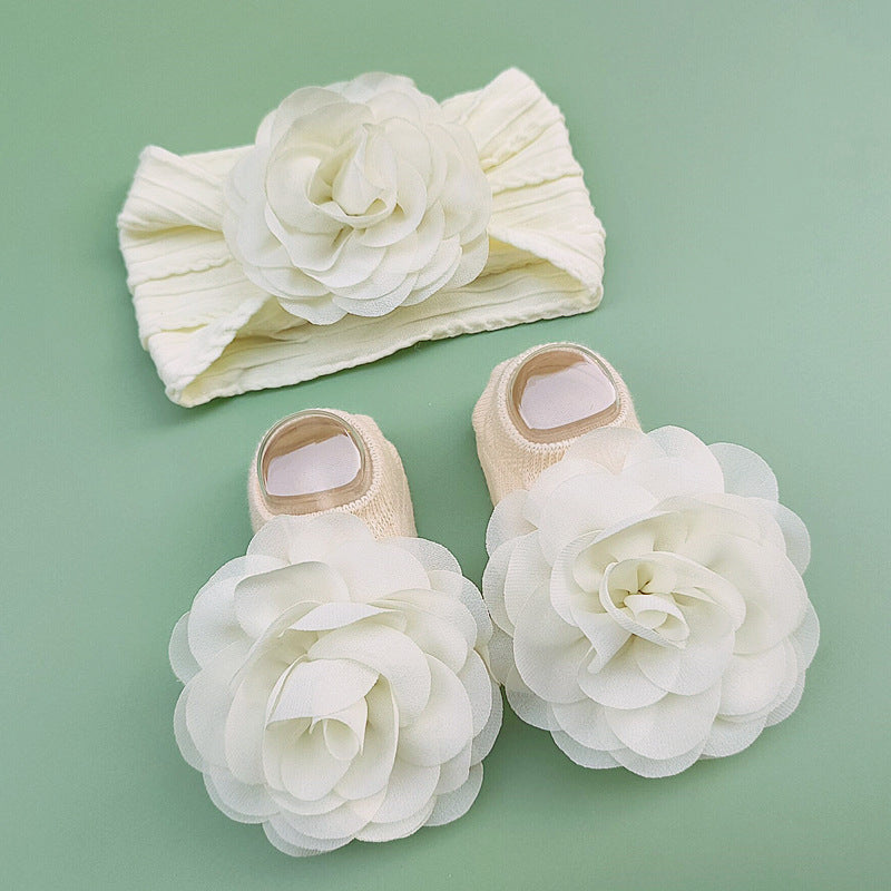 Baby Girl Sock Shoes and Headwear Set Cotton Flower Decor Casual Princess Accessories