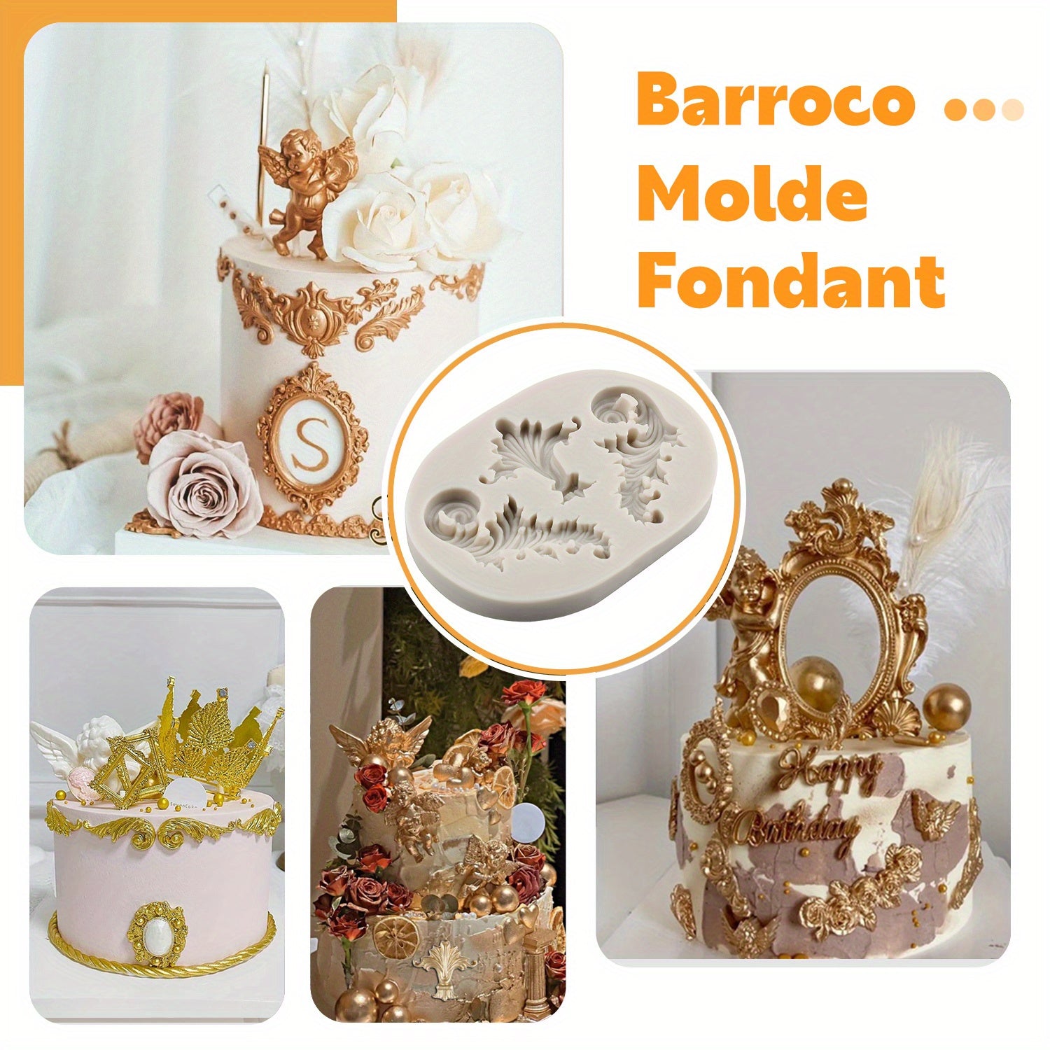 Silicone Mold for Intricate Baroque Scroll Relief Designs for Fondant and Cake Decorating