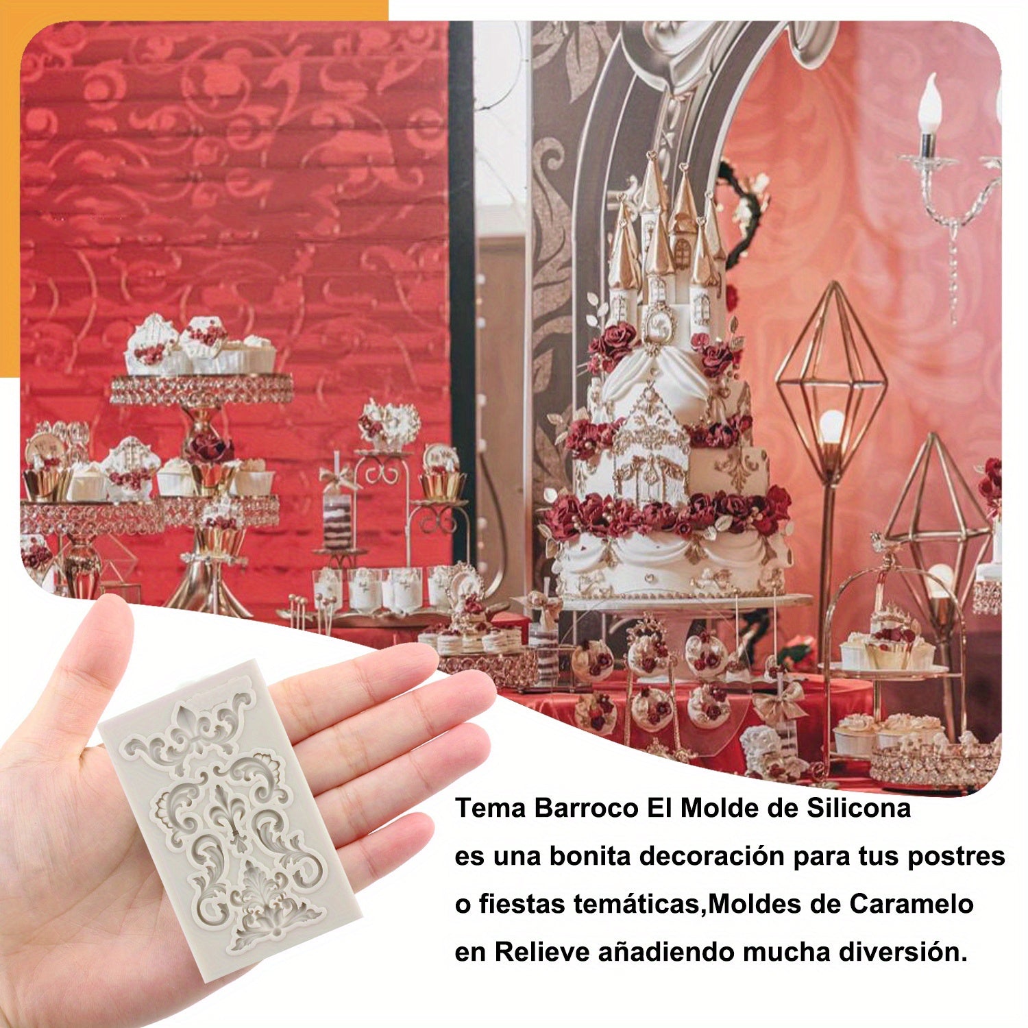 Silicone Mold for Intricate Baroque Scroll Relief Designs for Fondant and Cake Decorating