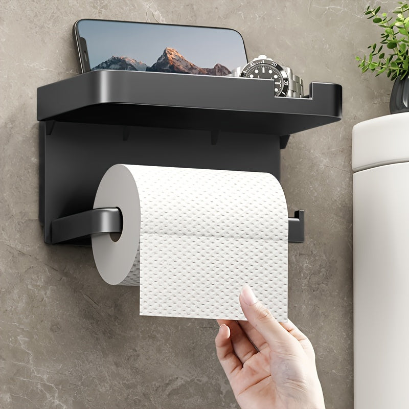Black Plastic Toilet Paper Holder with Drawer Wall Mount Bathroom Organizer