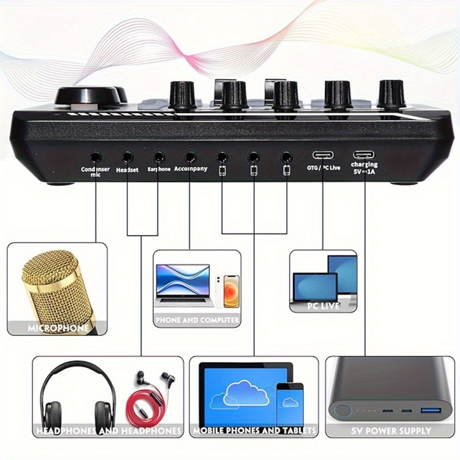 Mezclador de audio profesional con carga USB, efectos DJ, cambiador de voz para PC y smartphone, negro