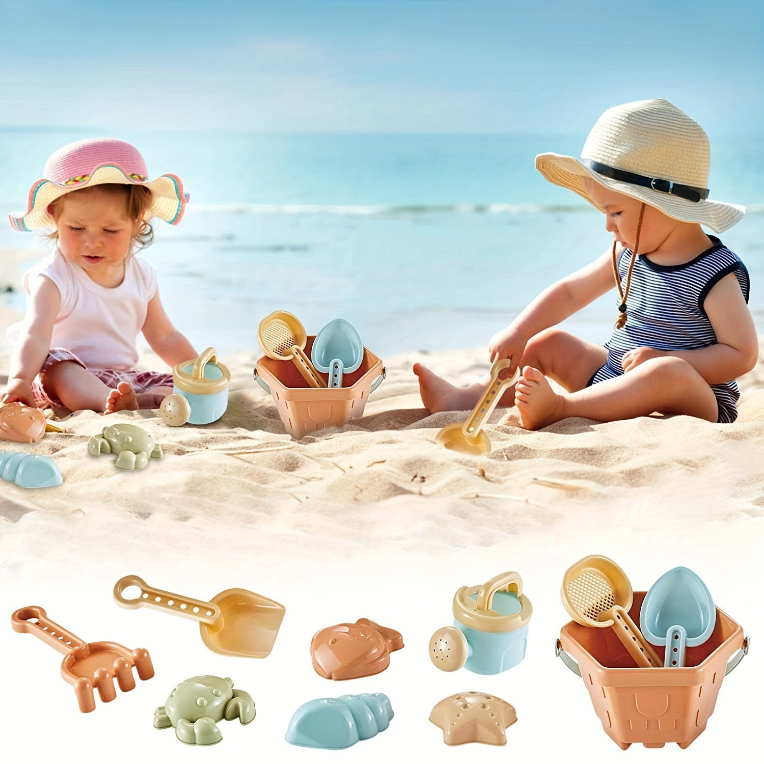 10-Piece Beach Toy Set for Kids Sandcastle Building with Construction Trucks and Spade